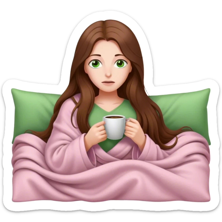 woman with very long brown hair and green eyes in a light pink blanket sleepy with coffee sticker
