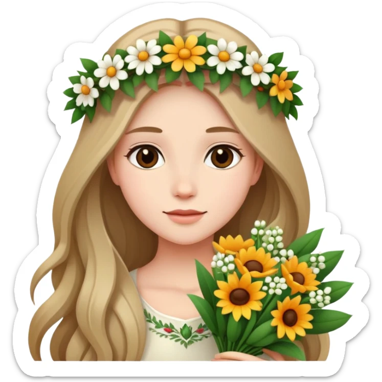 Beautiful girl with long hair and a wreath holding a bouquet of flowers sticker