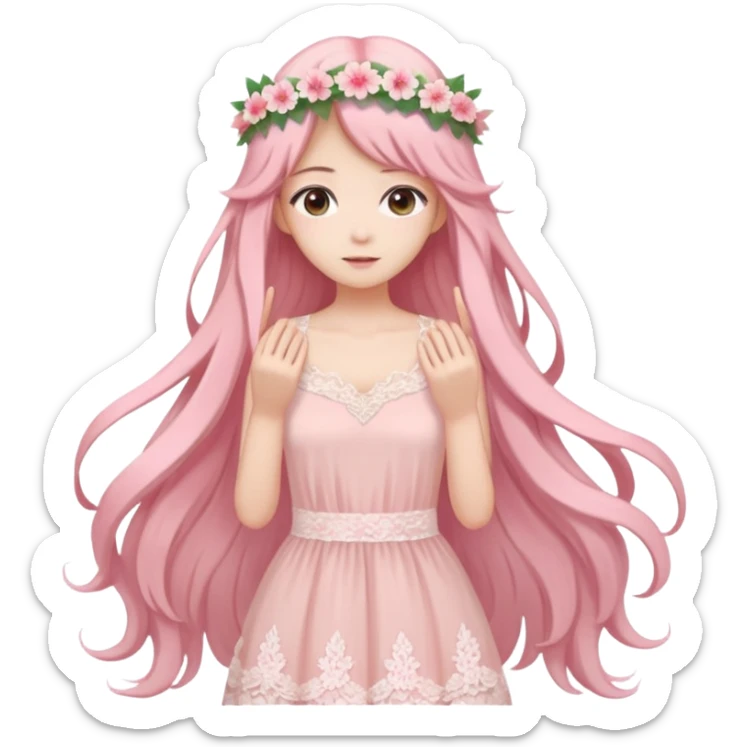 pastel anime woman with pink and white lace dress full body and long hair with flower crown sticker