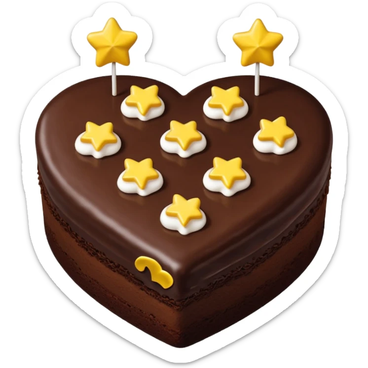 choclate cake heart with white icing on top in the shape of three u's, and yellow, teal, or green star sprinkles sticker