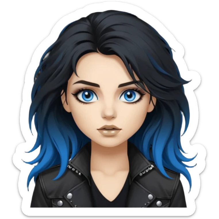 
 rockstar girl with long total black disheveled hair, blue eyes, Smokey eyes rockstar grunge makeup, rocking  sticker