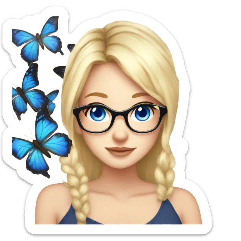 gorgeous anime lady with blue eyes and glasses butterflies and beautiful blonde hair sticker