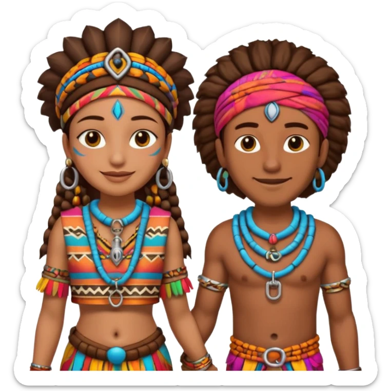 A happy tribal man holding hands with a happy tribal woman wearing a lock sticker