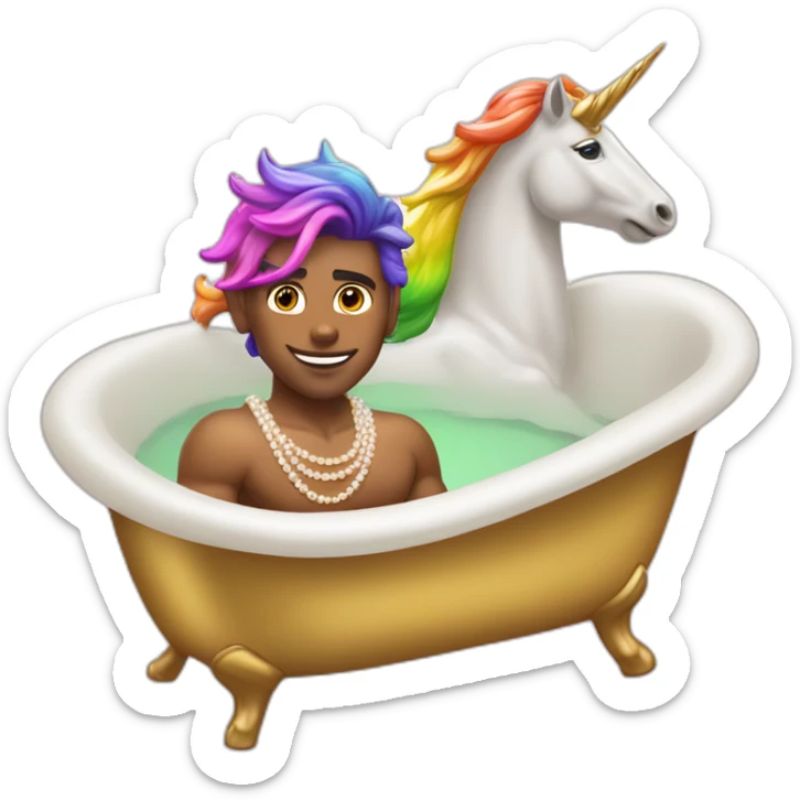 posh-muscle-boy-with-pearl-necklace-and-rainbow-unicorn-hair-in-golden-bathtub sticker
