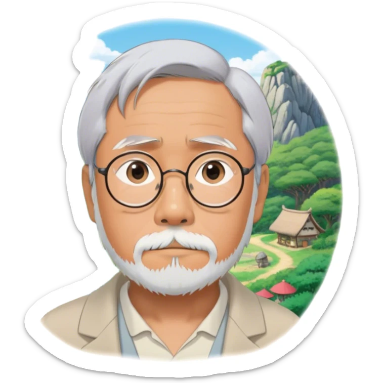 Hayao Miyazaki (filmmaker) – Cinematic Realistic Portrait of Hayao Miyazaki, portrayed with gentle, wise eyes and a thoughtful expression, set against a backdrop of whimsical sketches and animated landscapes reminiscent of Studio Ghibli, rendered with soft natural lighting and rich, detailed textures that evoke creative magic. sticker