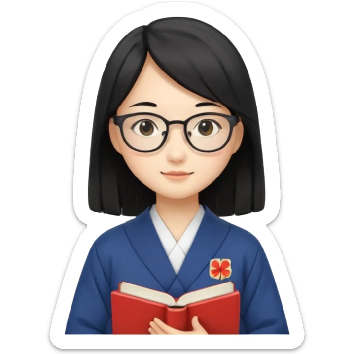 A student, asian girl, long black hair, wearing glasses, japanese uniform, hold book in front of their chest sticker