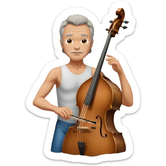 Cinematic realistic ultra HD - Aged musician Sting stands naked to the waist in water and mad plays classical double bass sticker