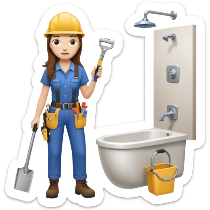 beautiful girl with long brown hair constructing new bathroom area with new shower and amenities  sticker