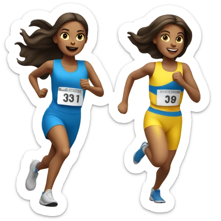 3 white brunette girls running a race with yellow blue and white outfits  sticker