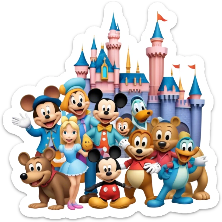 Colorful icon for Animated Movies: A vibrant collage featuring iconic characters like Goofy, Mickey Mouse, Franco, Masha and the Bear and Luntik. Each character should be large and bright, set against a cheerful and playful background of Disneyland. Transparent background. sticker