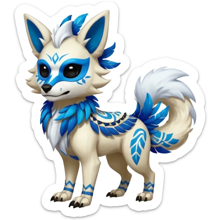 Furry cute colorful exotic tribal feral anime-styled Fakémon-Pokémon-animal-creature with a white wolf-skull-head-mask-face, and blue feathers around neck, with long furry ears, long furry tail, 4 legs, (full body), with intricate pattern-markings sticker