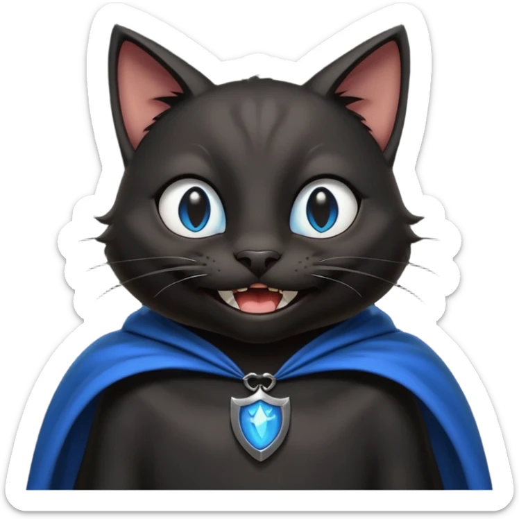 an all black anthropomorphic cat with blue eyes wears an all black cape and is smiling a mischievous sharp tooth grin sticker