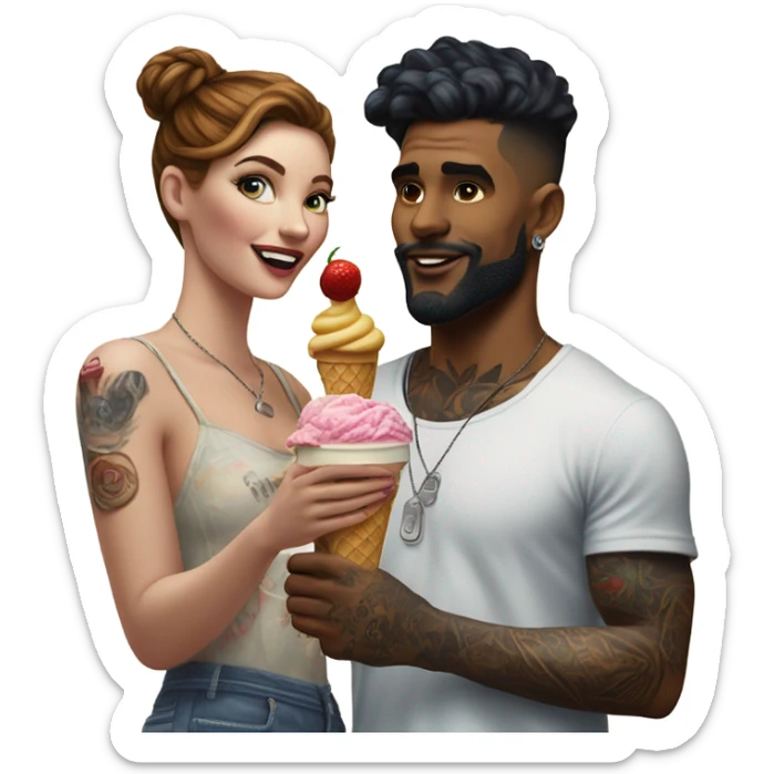 Hyper Realistic beautiful woman in the arms of a very handsome tattooed man sharing ice cream  sticker