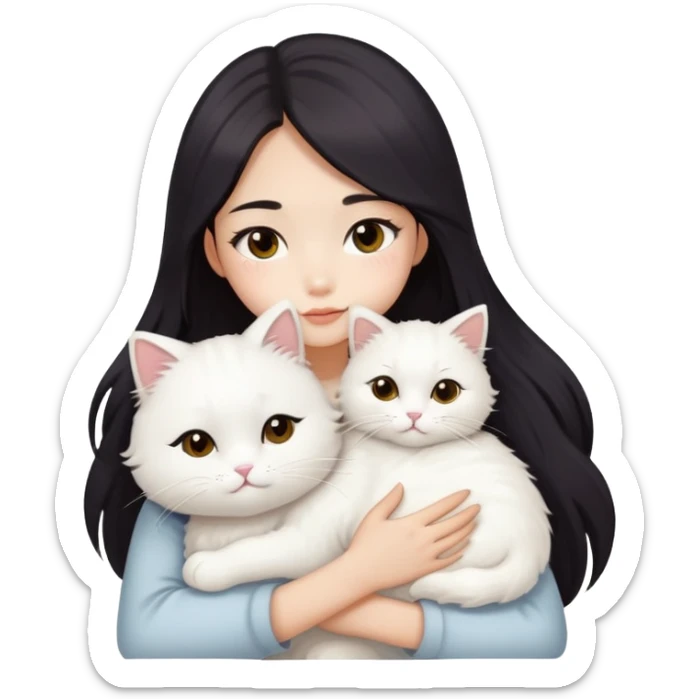 A fair skin tone Asian girl with dark eyes long dark hair with long eyelashes is hugging her white fluffy cat sticker