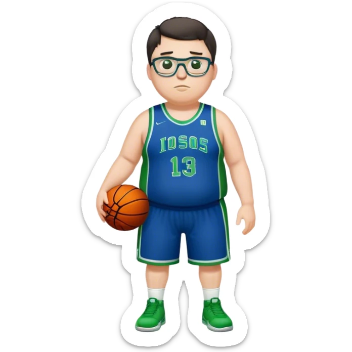 Full Body overweight white male with dark short hair basketball player wearing glasses wearing blue green uniform sticker