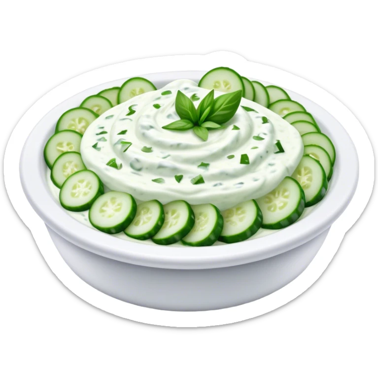 Cinematic Realistic Tzatziki Dish Emoji, featuring a creamy, tangy yogurt sauce with cucumber and herbs rendered with soft textures and cool, refreshing lighting. sticker