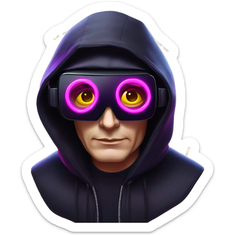 Vladimir Putin wearing a black hoodie with "OMG" letters on it and VR headset oculus quest 2 in a cyberpunk VR environment with violet neon lighting. sticker