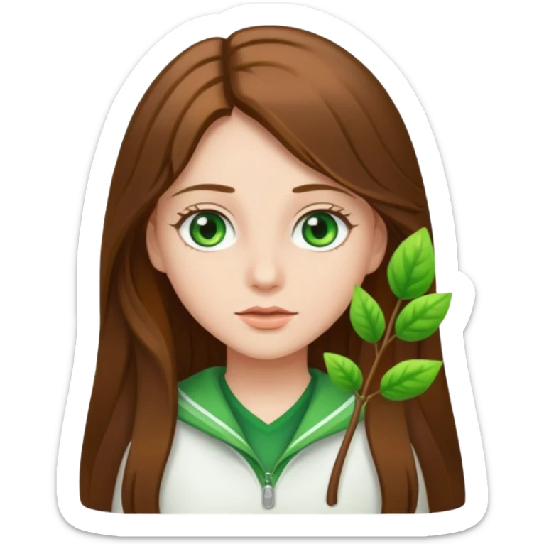 Girl with long brown hair and green eyes and a white ahirt sticker