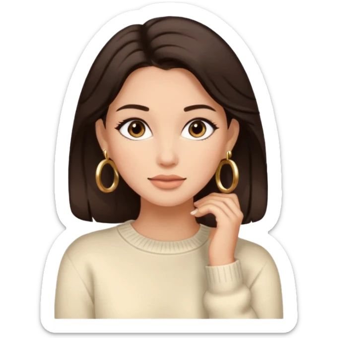 woman with dark brown hair, cozy sweater, hoop earrings, fashionable comfortable sticker