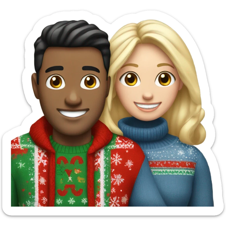 Happy white couple wearing Christmas jumper and blue jeans, man black hair woman blonde long sticker