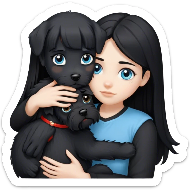 pale girl with light blue eyes and long black hair wearing black shirt hugging black schnauzer  sticker