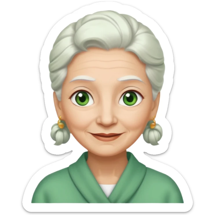 abuela con ojos verdes, pelo blanco, pelo blanco y amarrado, aspecto feliz sticker