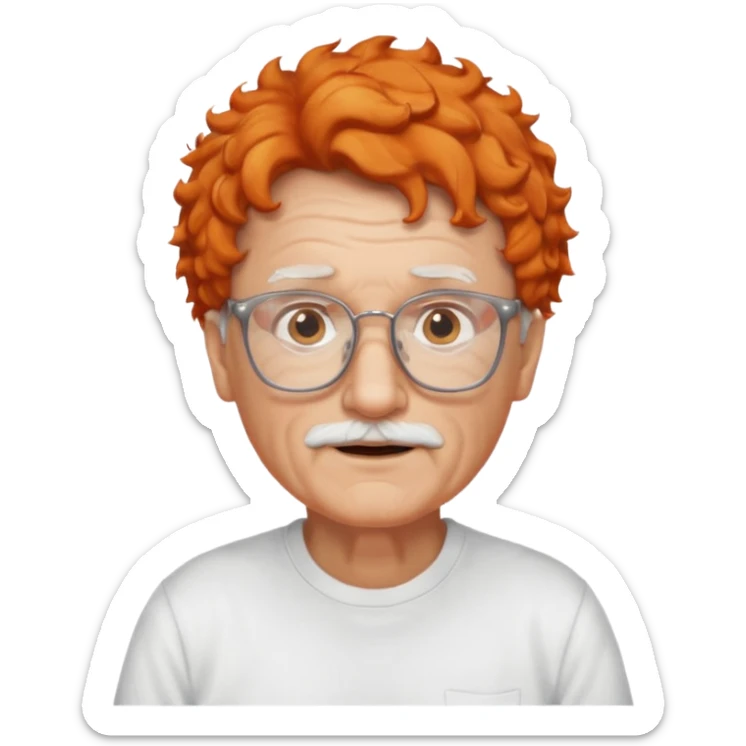 old man, orange curly hair, no mustache, wearing glasses, long face, wearing a white t-shirt sticker