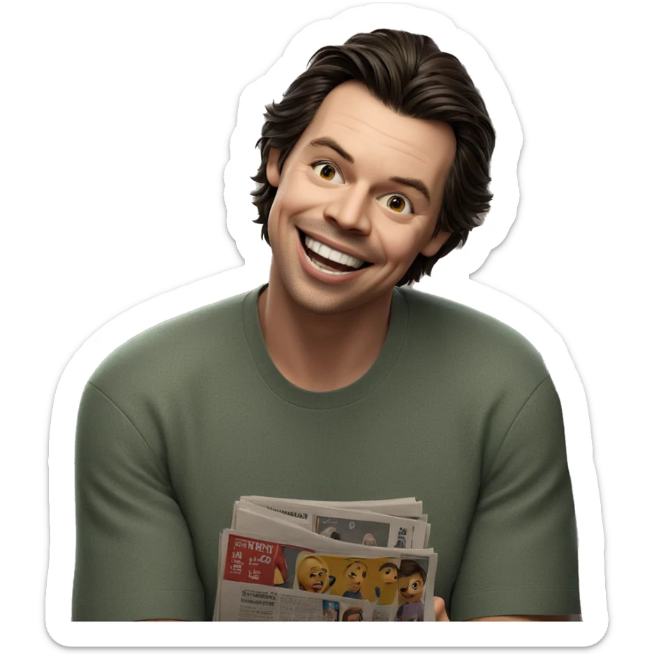 smiling boy with newspaper sticker