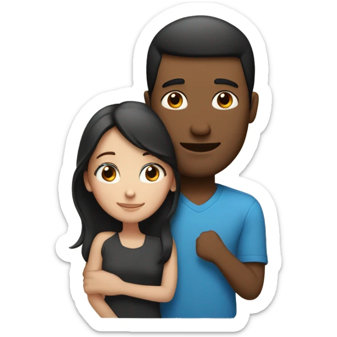 Couple embracing with arms around each other; white woman with blue eyes and brown hair, Indian man with black hair  sticker