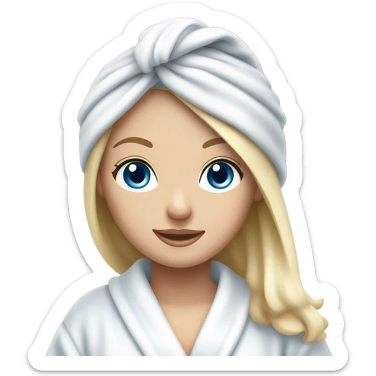 White girl with long blonde hair and blue eyes with a spa towel on her head and a robe on sticker