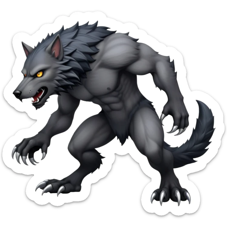 cinematic-noble-fierce-werewolf-full body on all fours-emoji, poised-and-imposing, with a tall, lean, and muscular wolfish frame inspired by the brutal, imposing shape of the beast from Berserk, fur rippling in shades of midnight black and silver, massive paws with razor-sharp claws, elongated limbs and fangs, eyes glowing with an intense, primal ferocity, reflecting the untamed power of the wild moonlit night; rendered with realism like a wolf hunched over battle ready pose ready to attack sticker