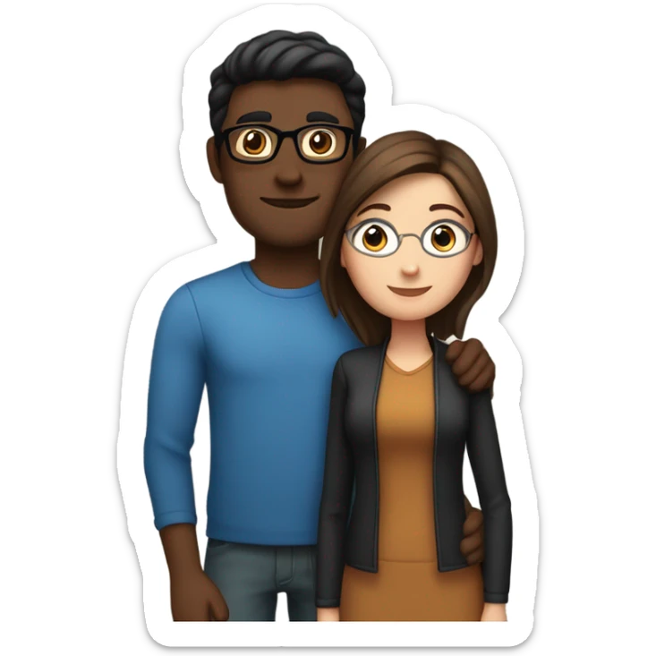 Couple embracing with arms around each other; white woman with blue eyes and brown hair, Indian man with black hair and glasses sticker