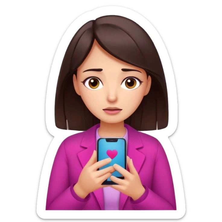 Social media manager. She has dark brown hair, brown eyes, overwhelmed expression, tired eyes, slightly stressed face,a holding a smartphone with notifications piling up. Use vibrant colors with a focus on pink and fuchsia tone sticker