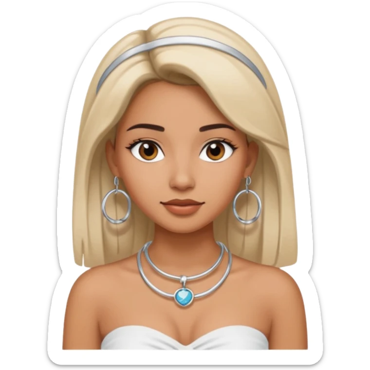 latina makeup olsun, saçları düz, halka küpeler büyük gümüş renginde olsun, kolye taksın ve beyaz bir Bandeau top kıyafet giyisin sticker