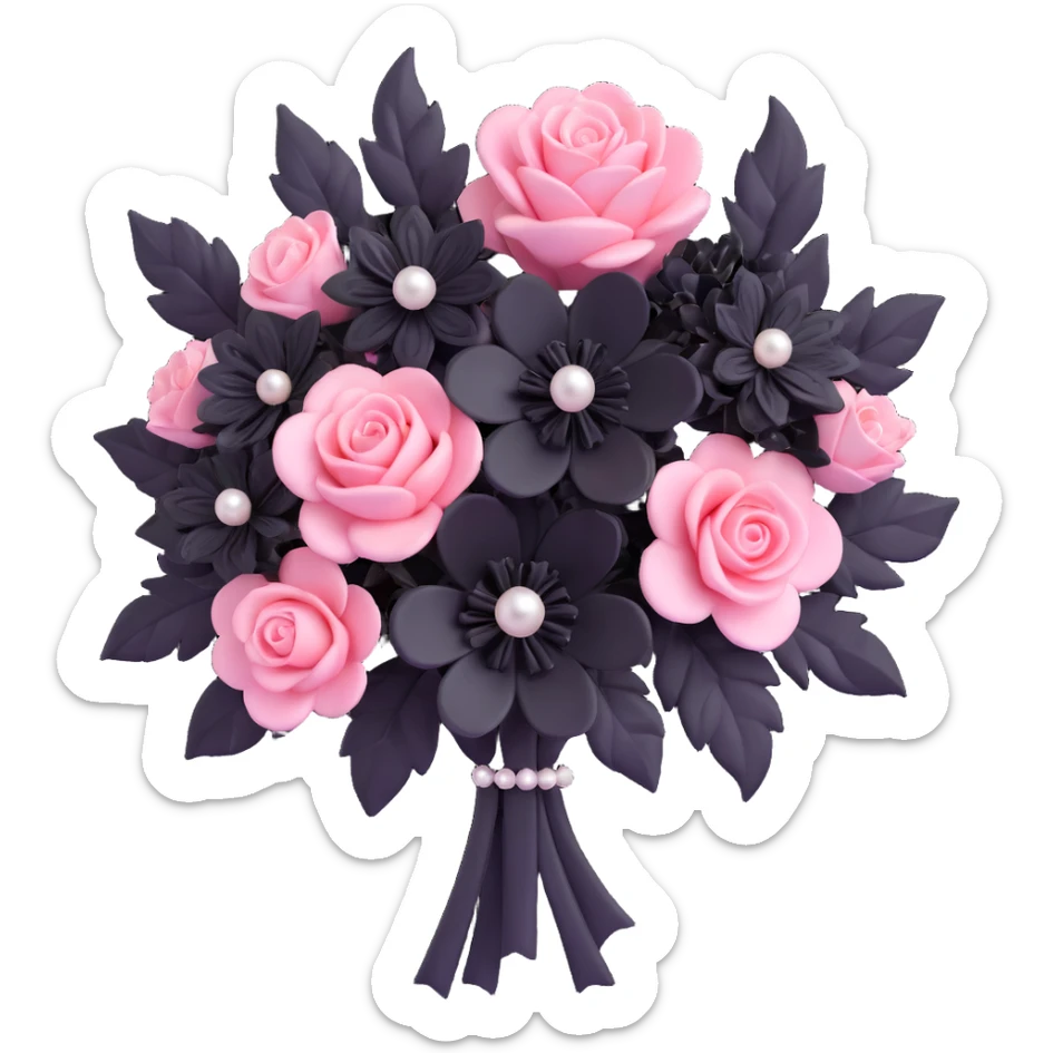 realistic 3D gothic bouquet with pearls, pink and black flowers, minimal and elegant sticker