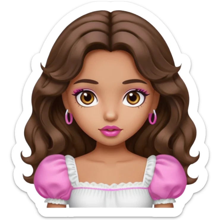 generate a pretty bratz girl with dark brown eyes in a white puff sleeve top. Pink lipgloss. Brown wavy hair long.  sticker