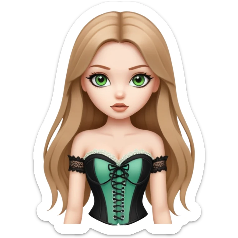 pretty bratz girl, long straight LIGHT BROWN HAIR, jade green eyes, black eyeliner, pale skin, black corset clothes with laces sticker