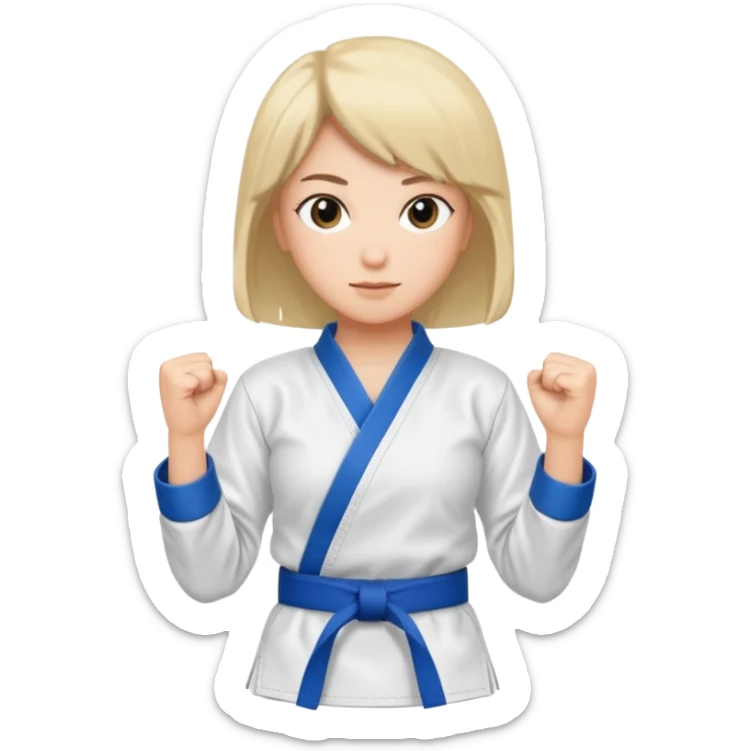 A woman in a karate uniform with a blue belt sticker