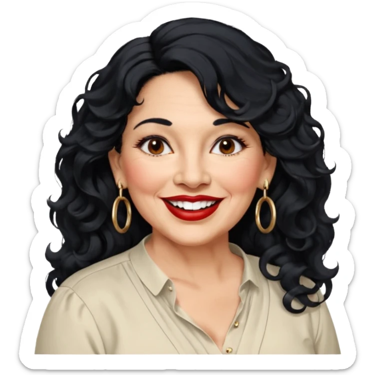 60 yr old Mexican woman, slightly chubby, wavy/curly long black hair, red lipstick, big smile, white teeth, brown eyes, hoop earings, side part to hair, round face, nice blouse, no wrinkle hair side swept, big hoop earing sticker