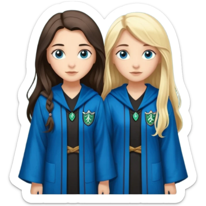a pretty ravenclaw girl with long dark brown hair and blue eyes standing with a pretty Slytherin girl with long blonde hair, blue eyes sticker