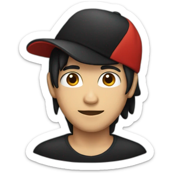 A person with black hair, a red hat, a black shirt, and a skull  sticker