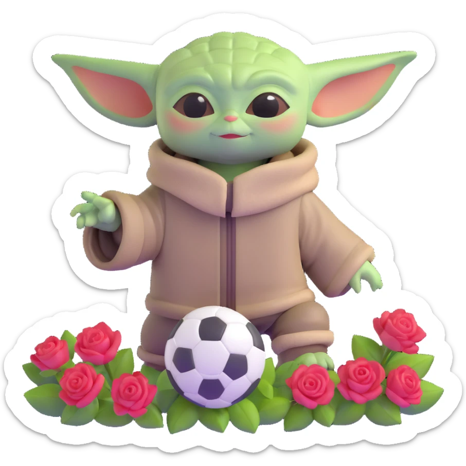 baby Yoda kicking a soccer ball with small roses beside him sticker