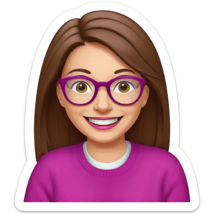 50 yr Caucasian woman, long brown hair parted on side, brown eyes, glasses, big smile, white teeth, fuscia sweater sticker