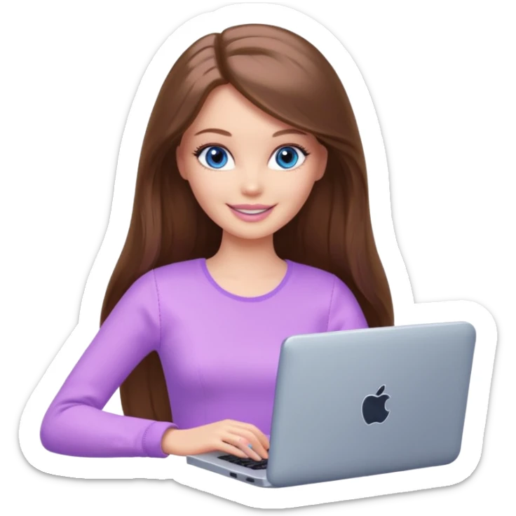 beautiful barbie girl with long brown hair, blue eyes and wearing light purple clothes playing computer games sticker