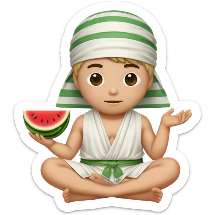 Emoji sitting cris cross wearing a white toga, the emoji is blindfolded with a white and green striped tie, and they have a watermelon for a hat.  sticker