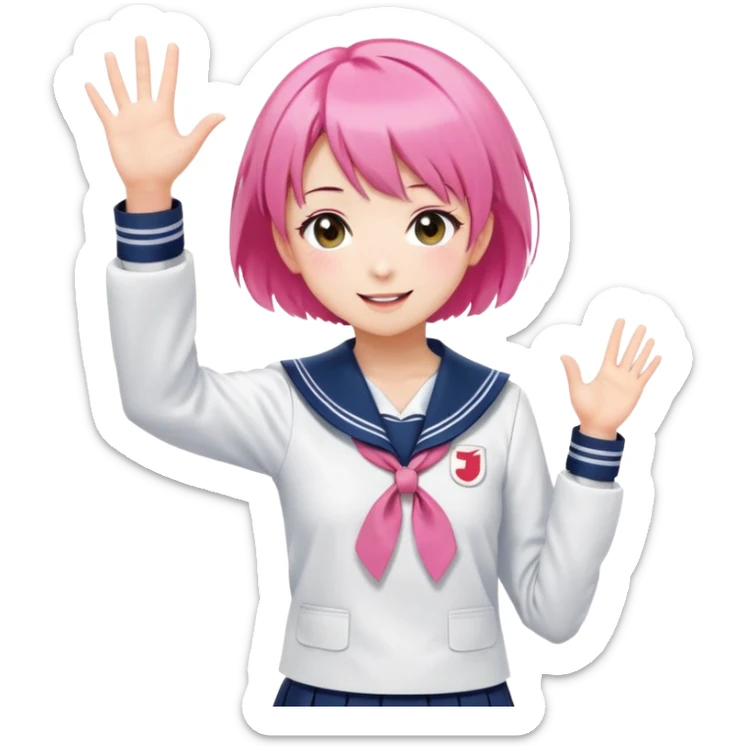 Anime girl with short bright pink hair wearing Japanese sailor style school uniform, composed posture with hand on hip but energetically waving with other hand, excited smile and happy eyes sticker