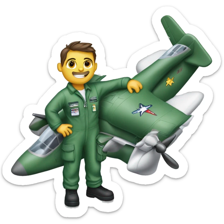 Air Force mechanic wearing green coveralls name tag reads AOG holding a wrench fixing an airplane sticker
