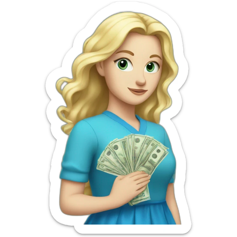 white girl in a blue dress holding the money sticker
