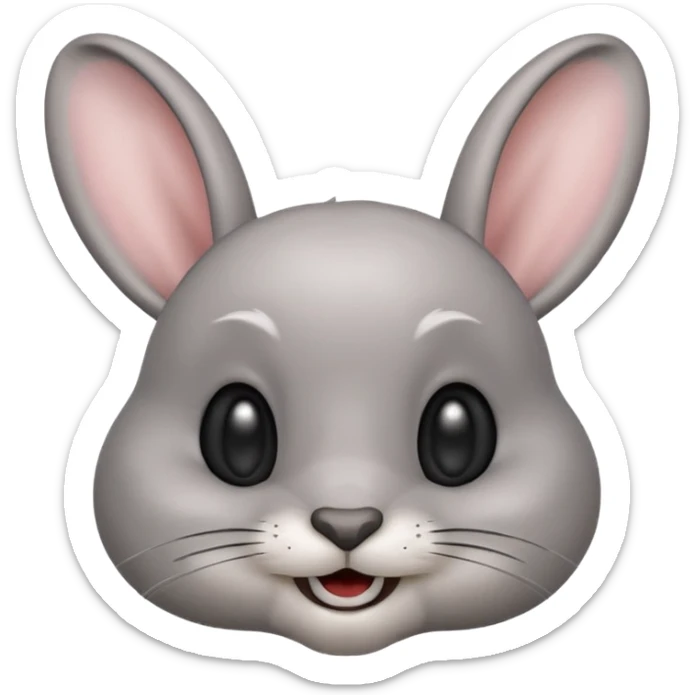 Head of a grey rabbit in Apple emoji style, round face, soft grey fur, big black eyes, perky ears, gently showing two front teeth in a subtle smile, front-facing, clean and glossy look
 sticker