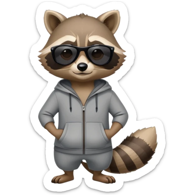 friendly anthropomorphised raccoon in sports wear, wearing dark sunglasses, relaxed pose, mafia style sticker